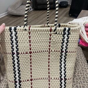 Stylish Tan Plaid Woven Tote Bag